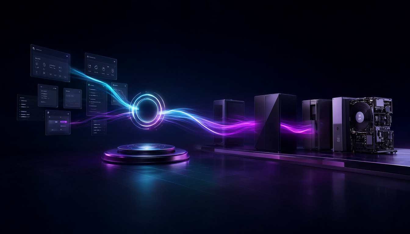 抽象的 ModelDock 技术栈：界面窗口、中央 Dock 与本地 AI 硬件由光流相连